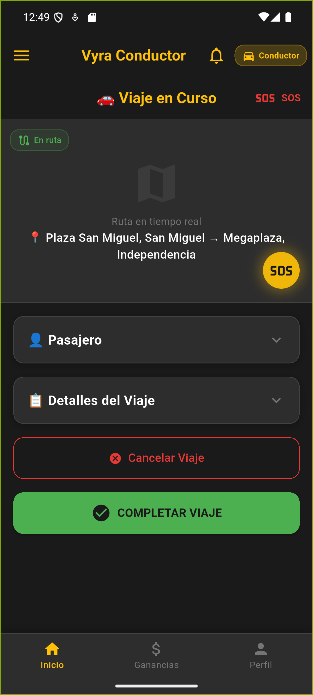 Captura de desarrollo de Vira Taxi: vista del conductor y gestión de viaje