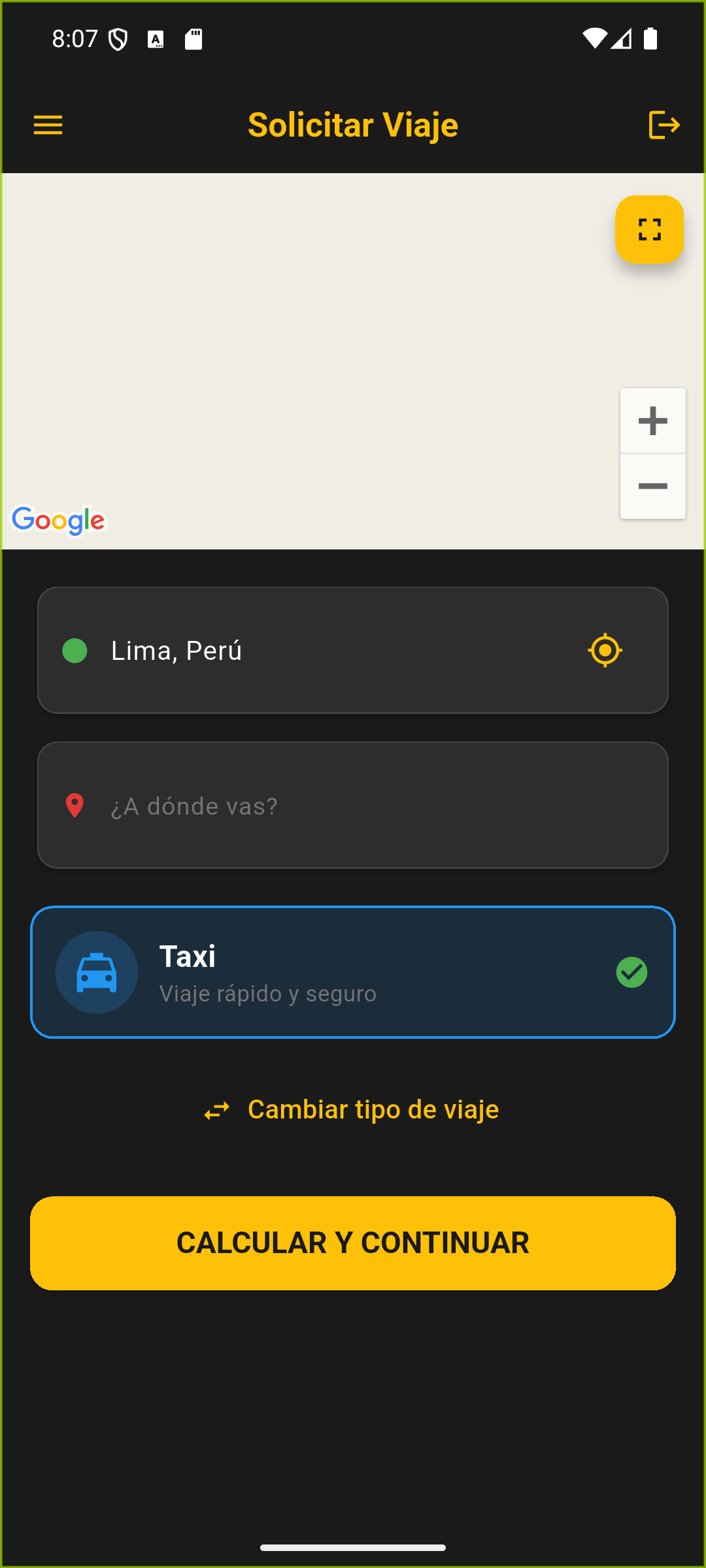 Captura de desarrollo de Vira Taxi: pantalla para definir recogida y destino